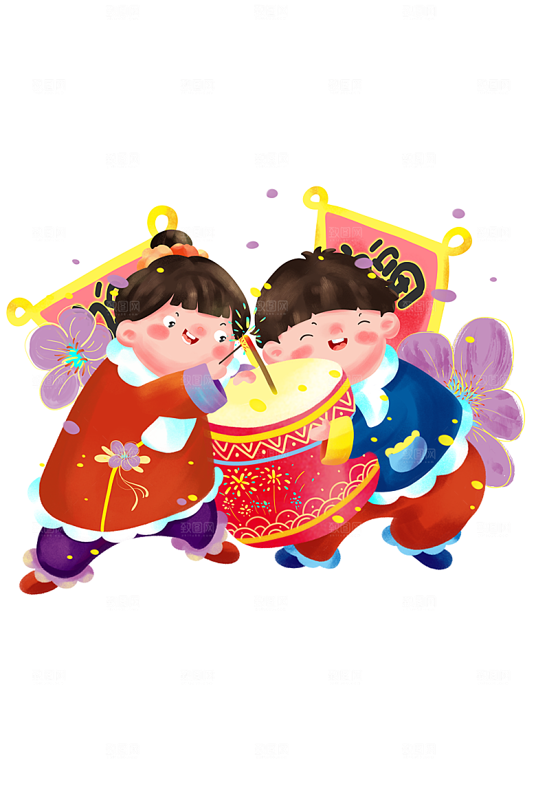 大气过年可爱福娃放鞭炮插画设计
