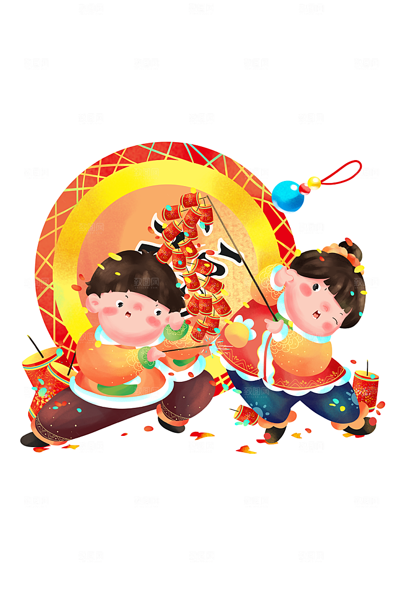 团圆过年放鞭炮的福娃插画设计
