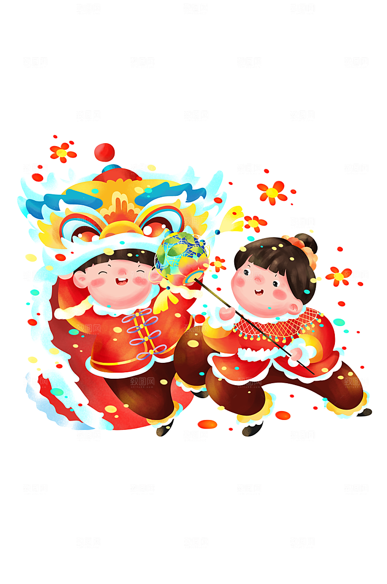 快乐福娃牛年过年舞狮子设计