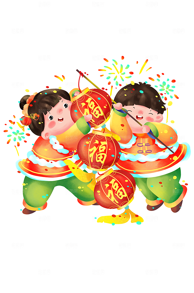 卡通过年挂灯笼的福娃插画设计