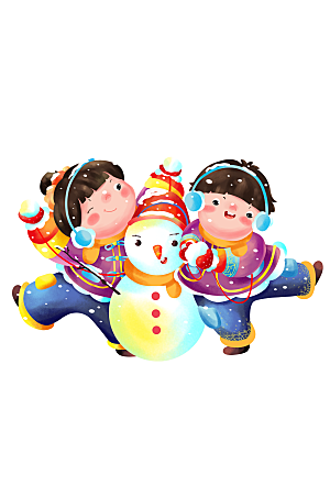 有趣冬天堆雪人的福娃卡通插画设计