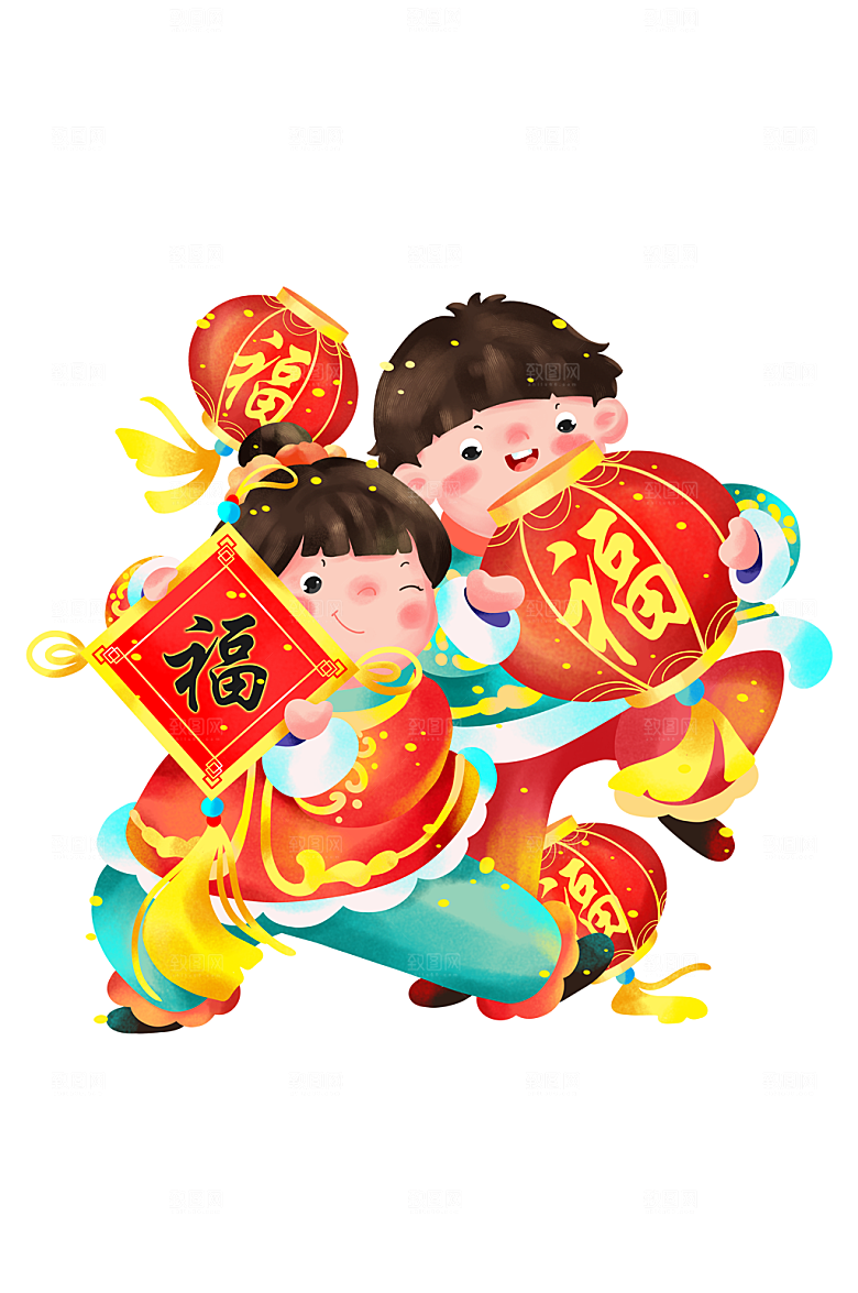 儿童过年送祝福的福娃插画设计