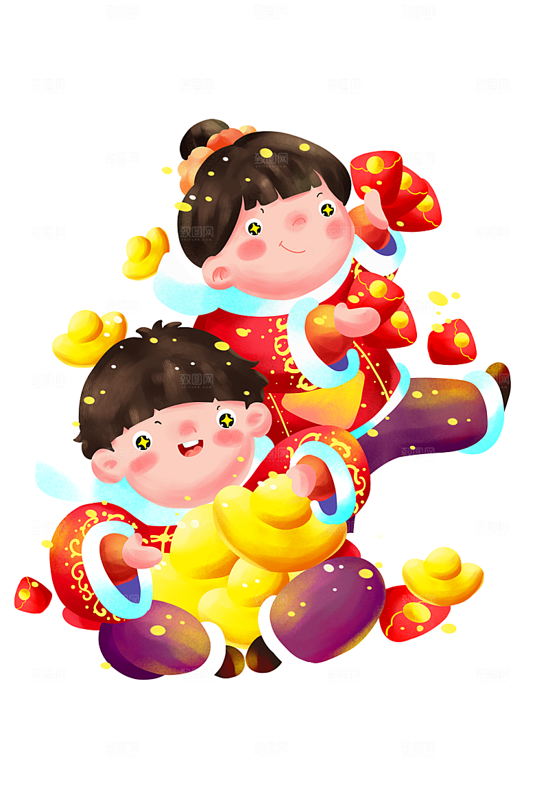 可爱过年抱元宝的福娃插画设计