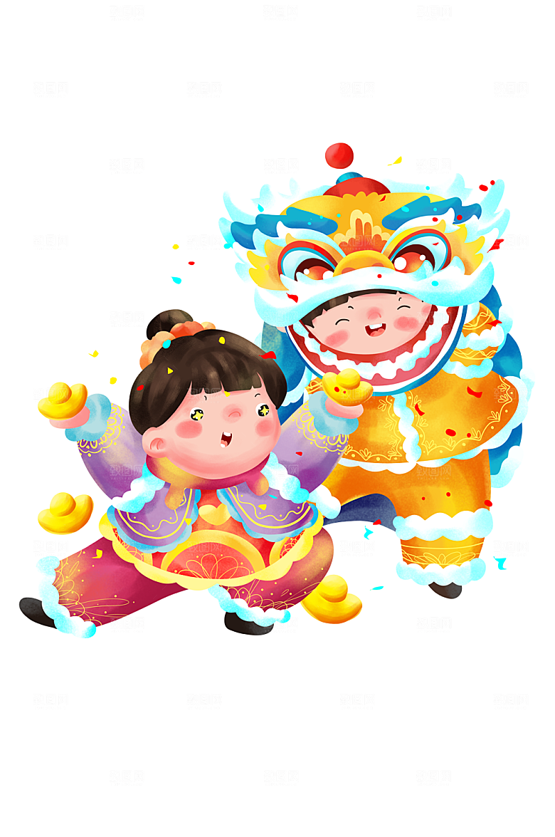 创新福娃拿元宝舞狮子插画