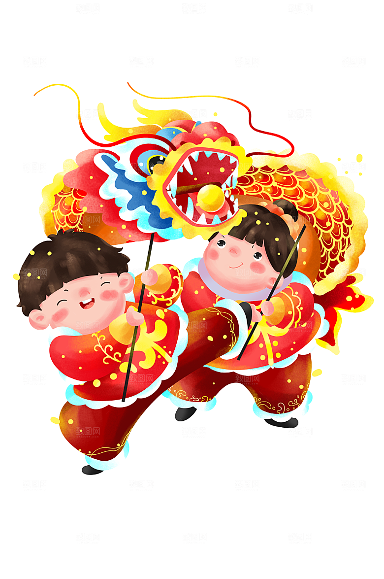 时尚过年舞龙的帅气福娃插画