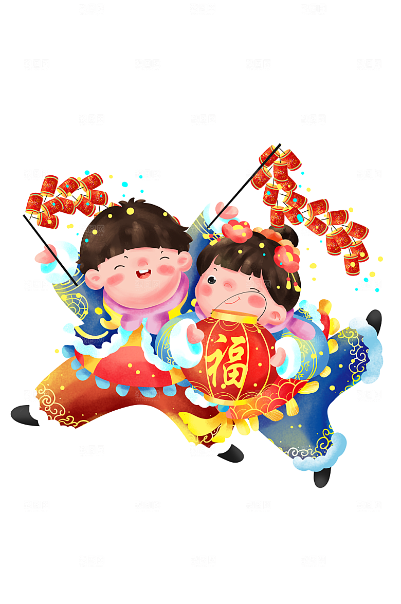 高级挂灯笼放鞭炮的福娃插画