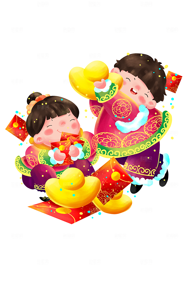 创意拿元宝的福娃插画