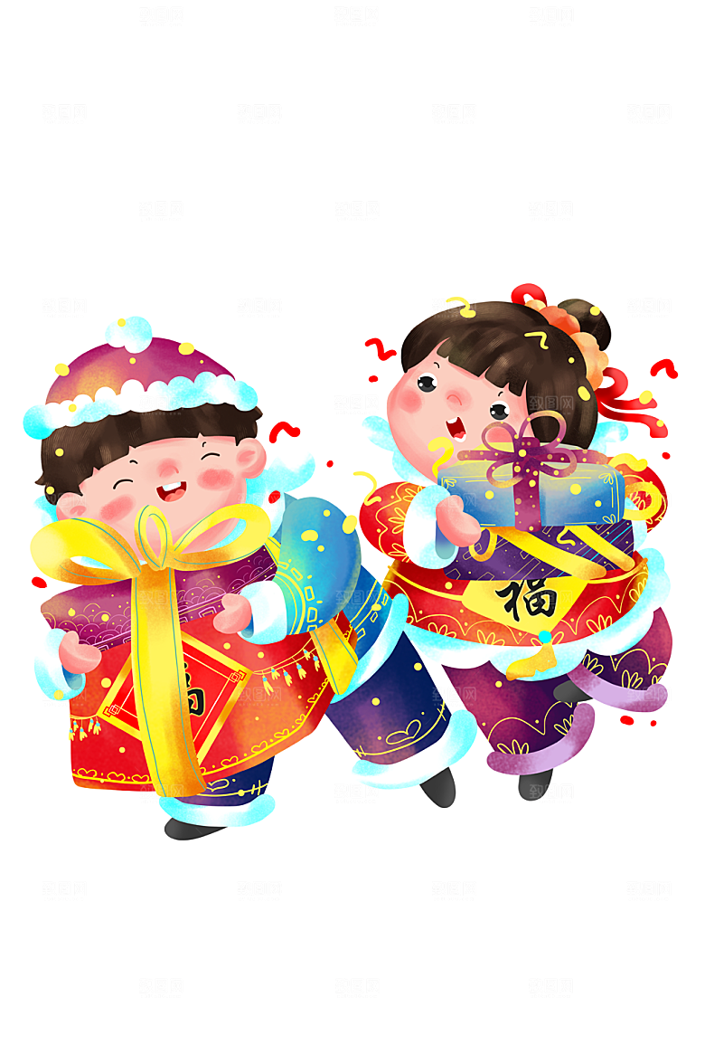 热闹过年抱年货的福娃插画