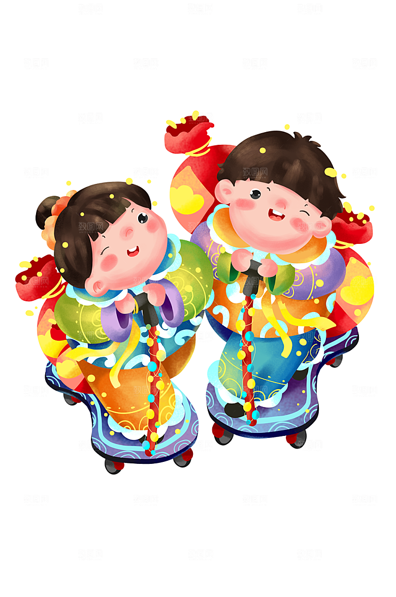 创意骑滑板车拉年货的福娃插画