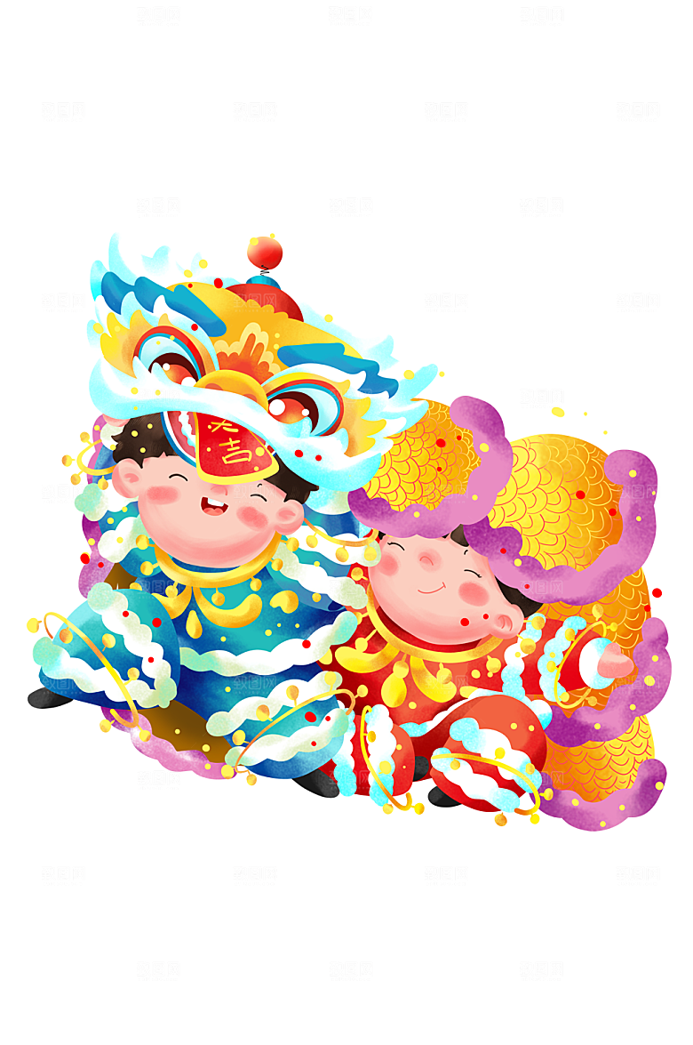 新春过年活动福娃舞狮子插画