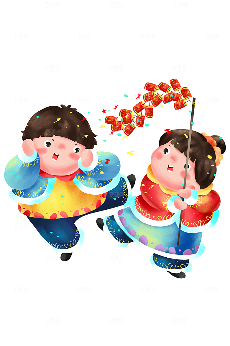 新年过年可爱福娃放鞭炮插画