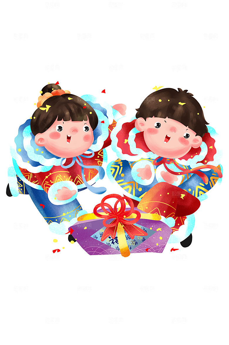 卡通可爱福娃抢年货啦插画