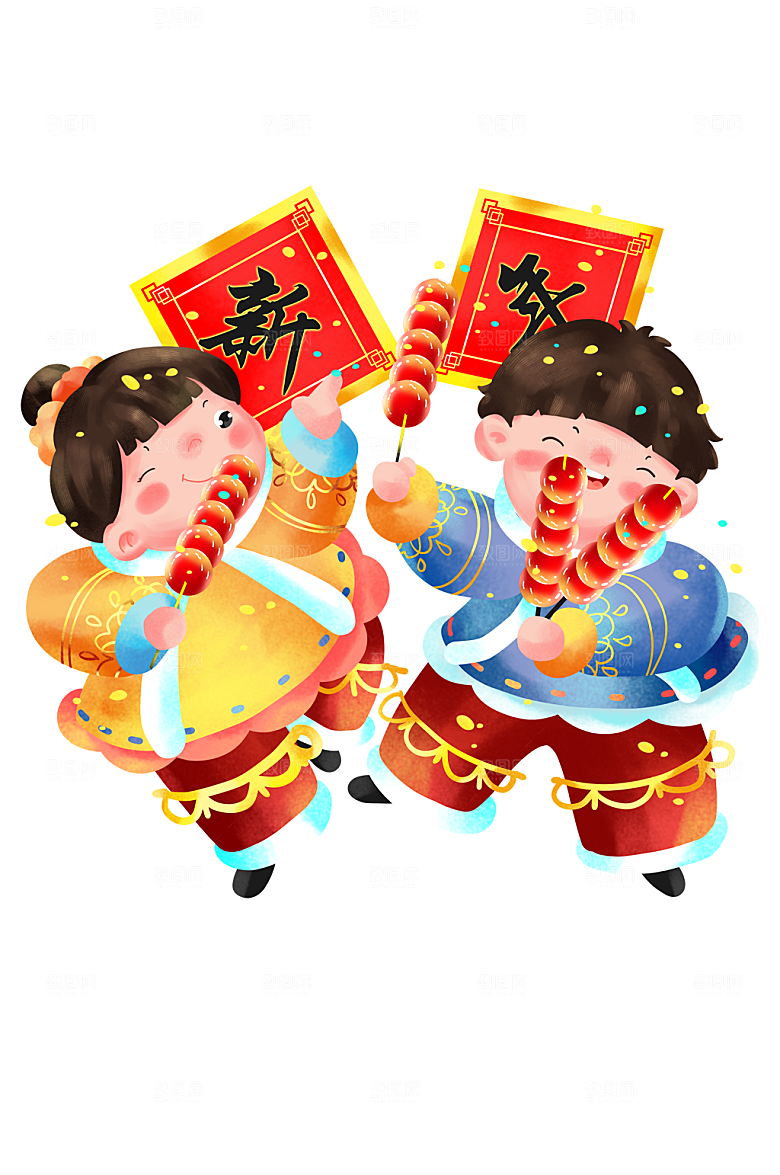 吃冰糖葫芦的福娃新年插画