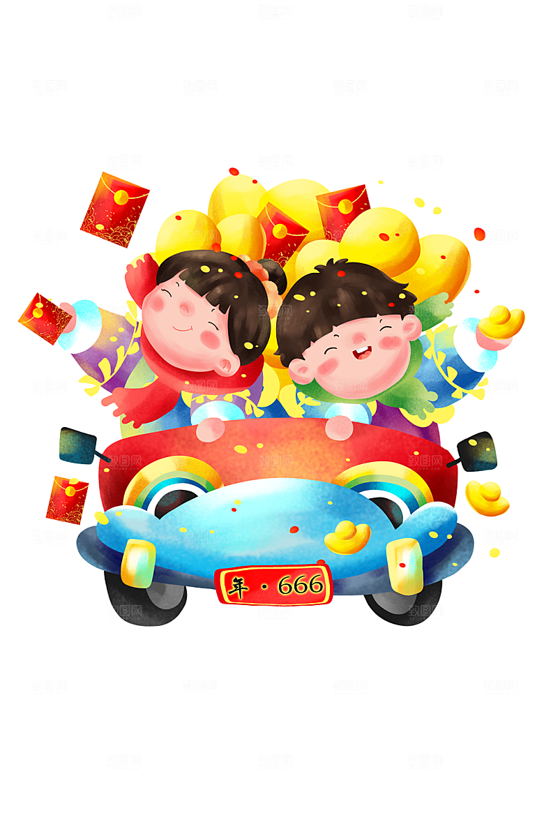 卡通坐车的福娃牛年新年插画模板