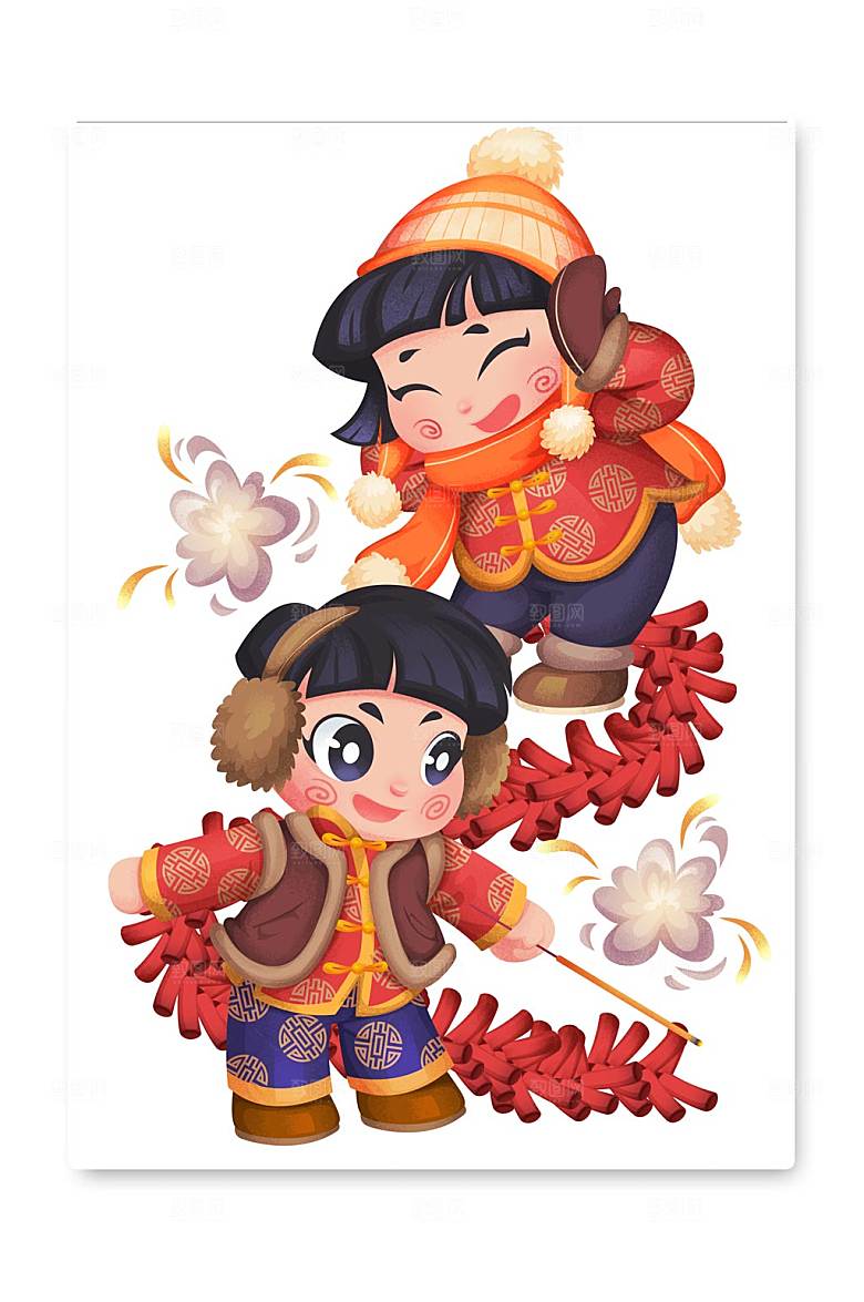 一起放鞭炮新年原创插画