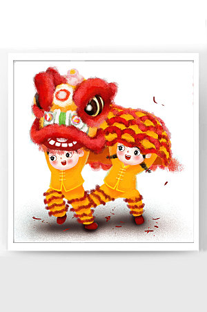 新年春节二福娃舞狮子插画