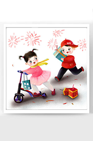 新年快乐春节福娃滑滑板车插画