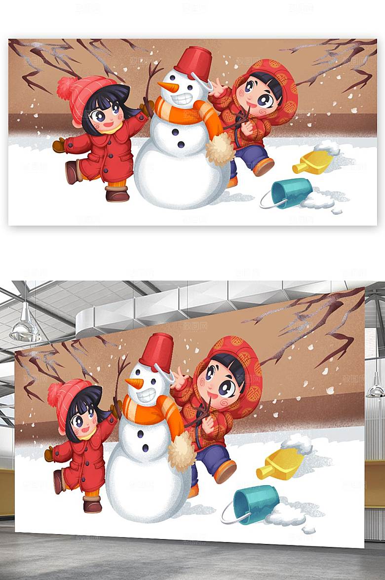 新春福娃堆雪人新年插图素材