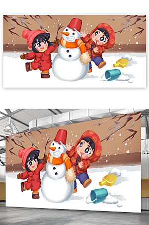 新春福娃堆雪人新年插图素材