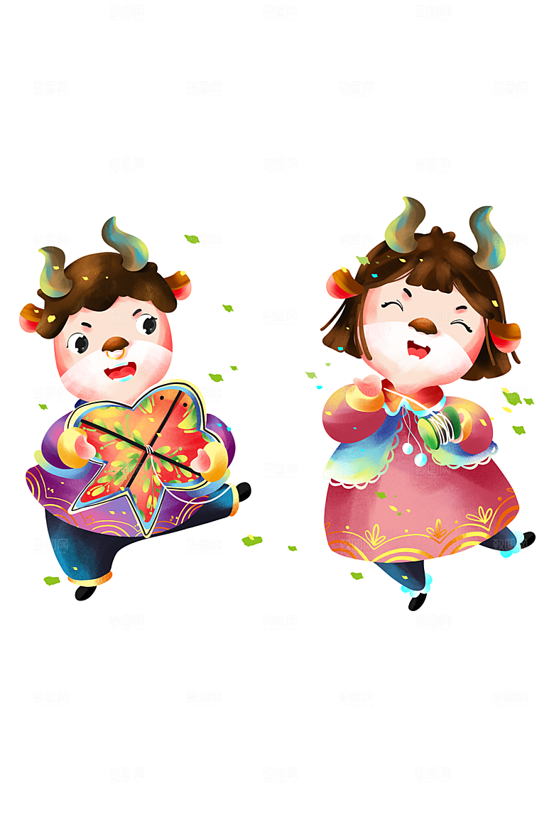 风筝牛年欢乐卡通小牛元素