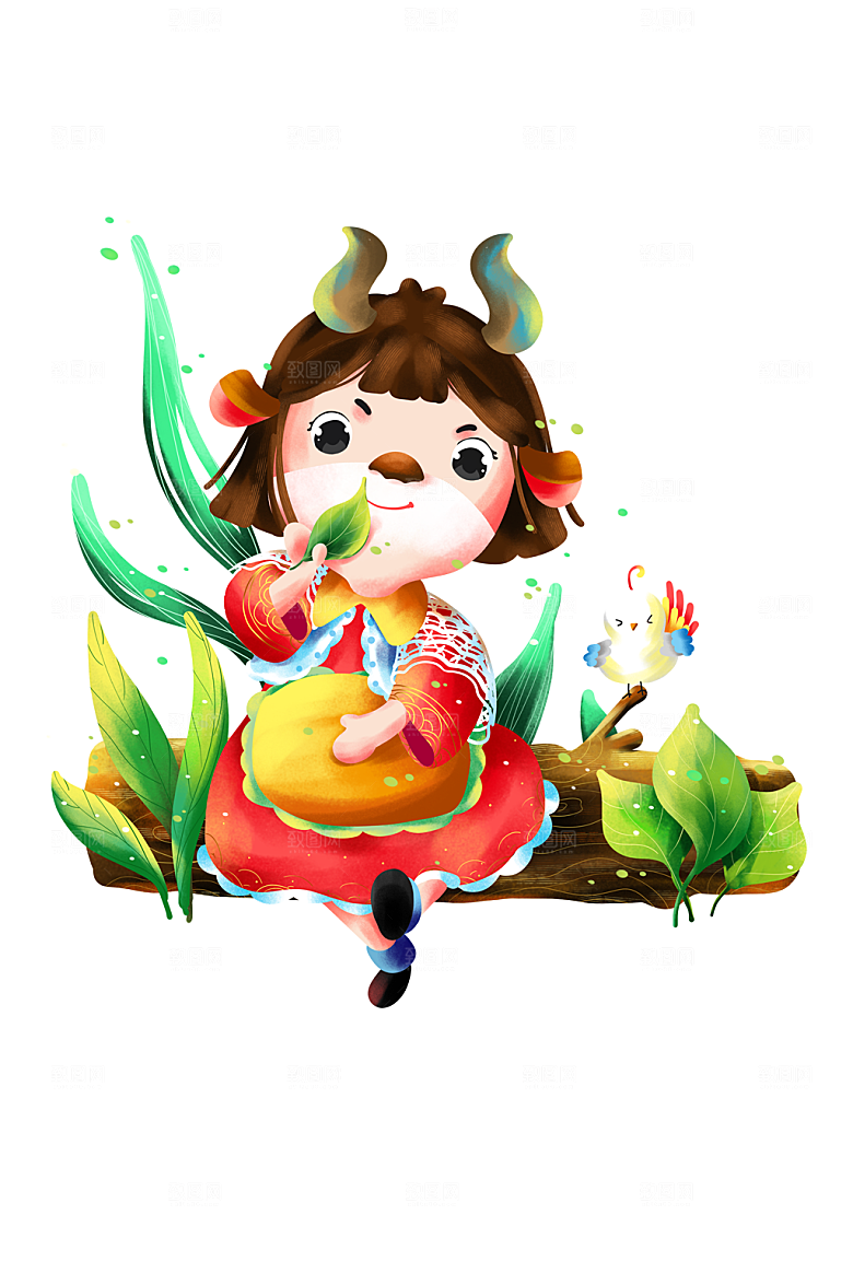 舞蹈牛年卡通小牛手绘插画元素