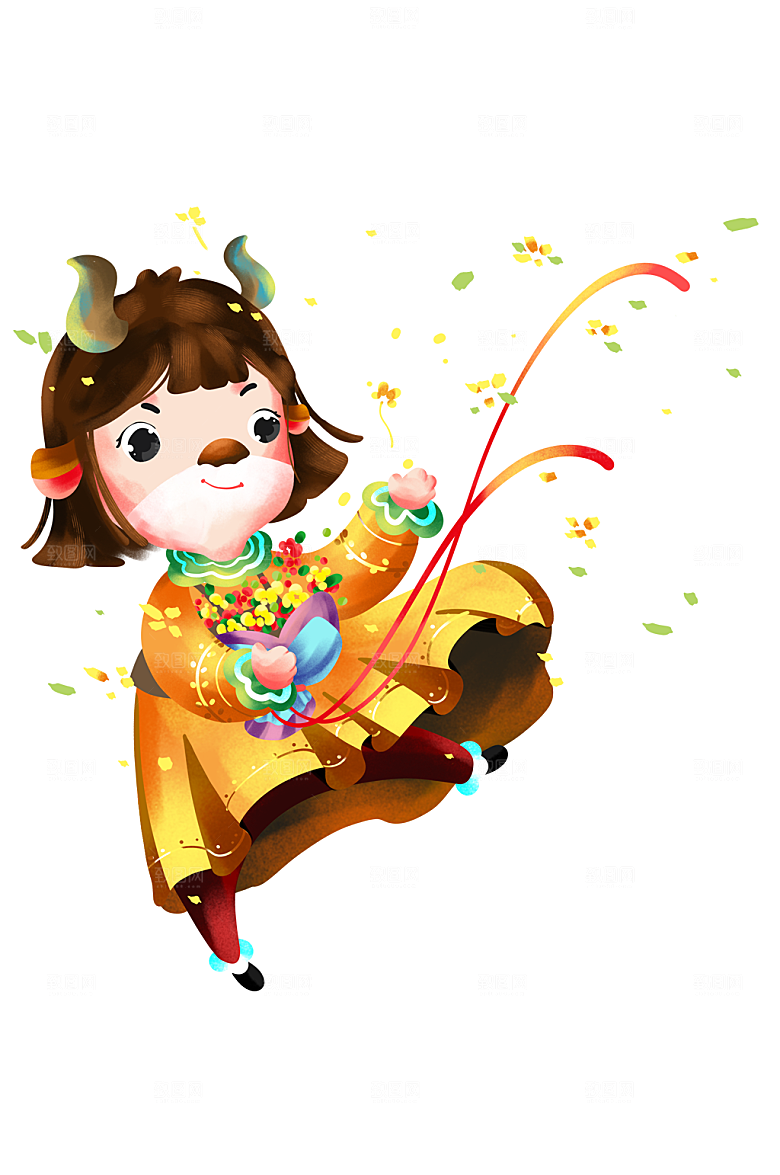丝带清明卡通拿花束的小牛元素