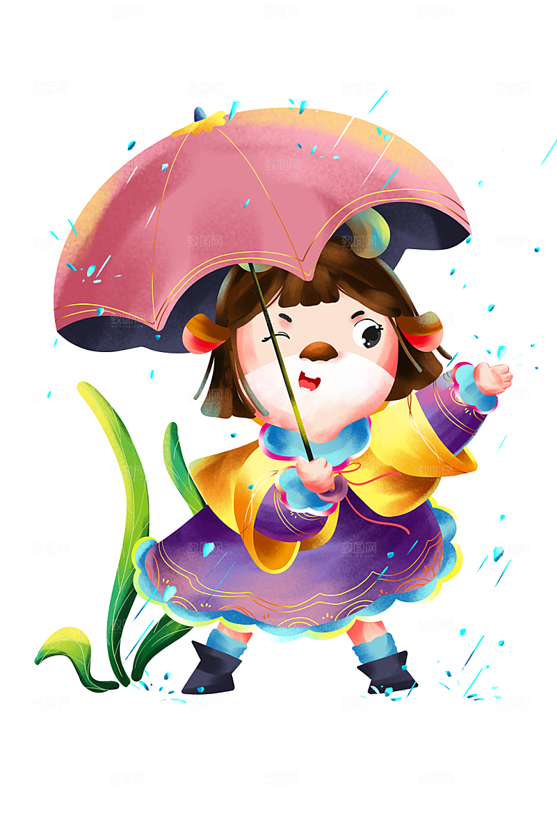 雨伞牛年雨水卡通小牛设计