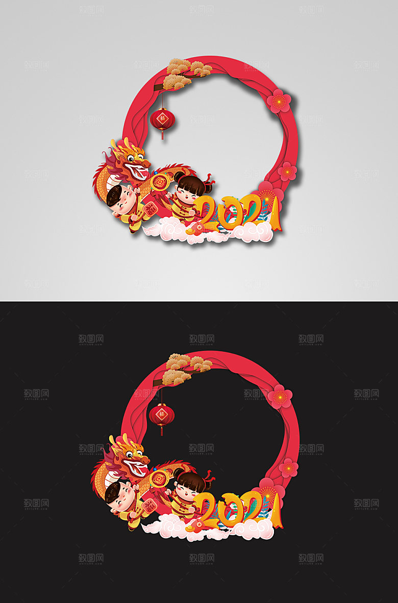 红色喜庆圆形新年牛年拍照框