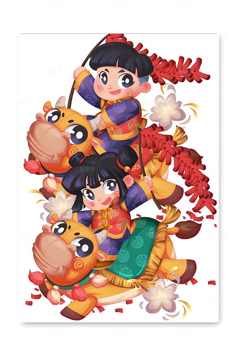 喜庆福娃骑牛放鞭炮新年插图