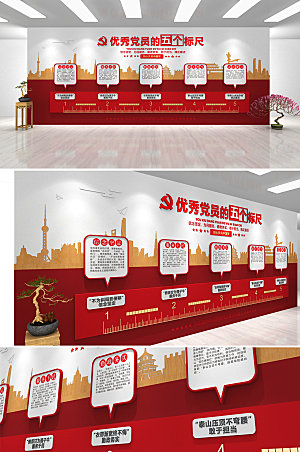 红色尺子五个标尺文化墙设计