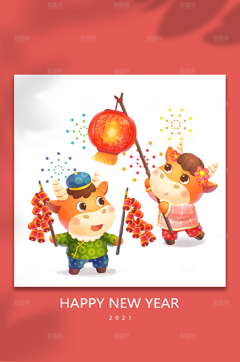 牛年新年卡通插画春节灯笼鞭炮