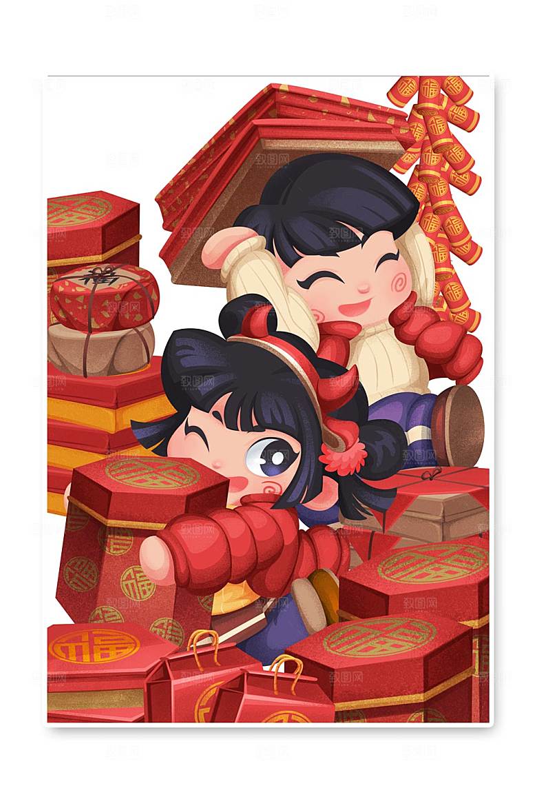 男女福娃抱年货新年插图素材