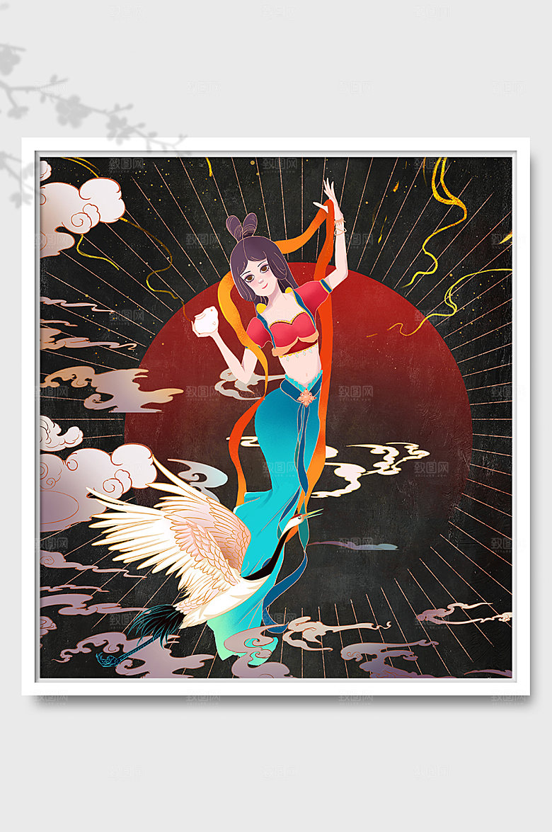卡通国潮中秋节嫦娥奔月月兔插画