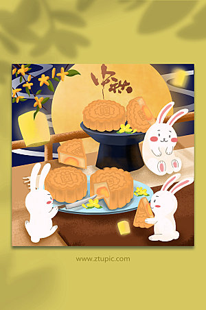 中国风卡通国潮中秋节兔子月饼插画