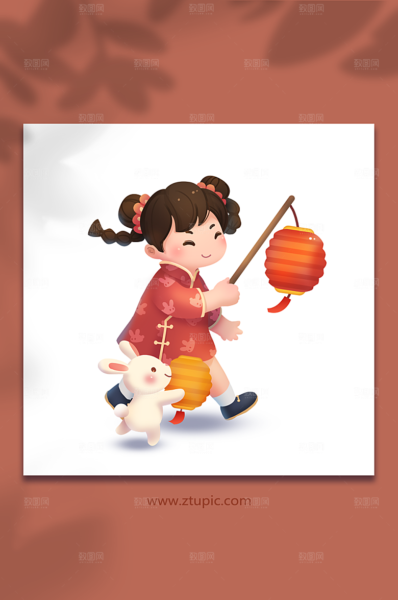 中秋节女孩打灯笼卡通国潮插画设计