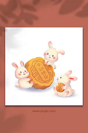 中秋节卡通国潮兔子吃月饼插画