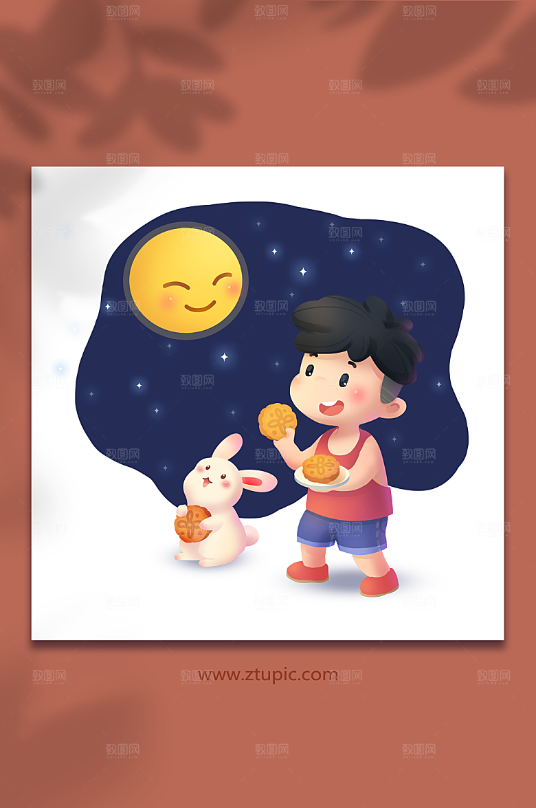 中秋节中秋赏月男孩卡通国潮插画