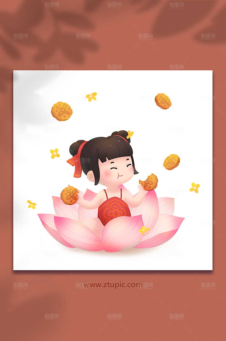 中秋节天降月饼荷花卡通国潮插画