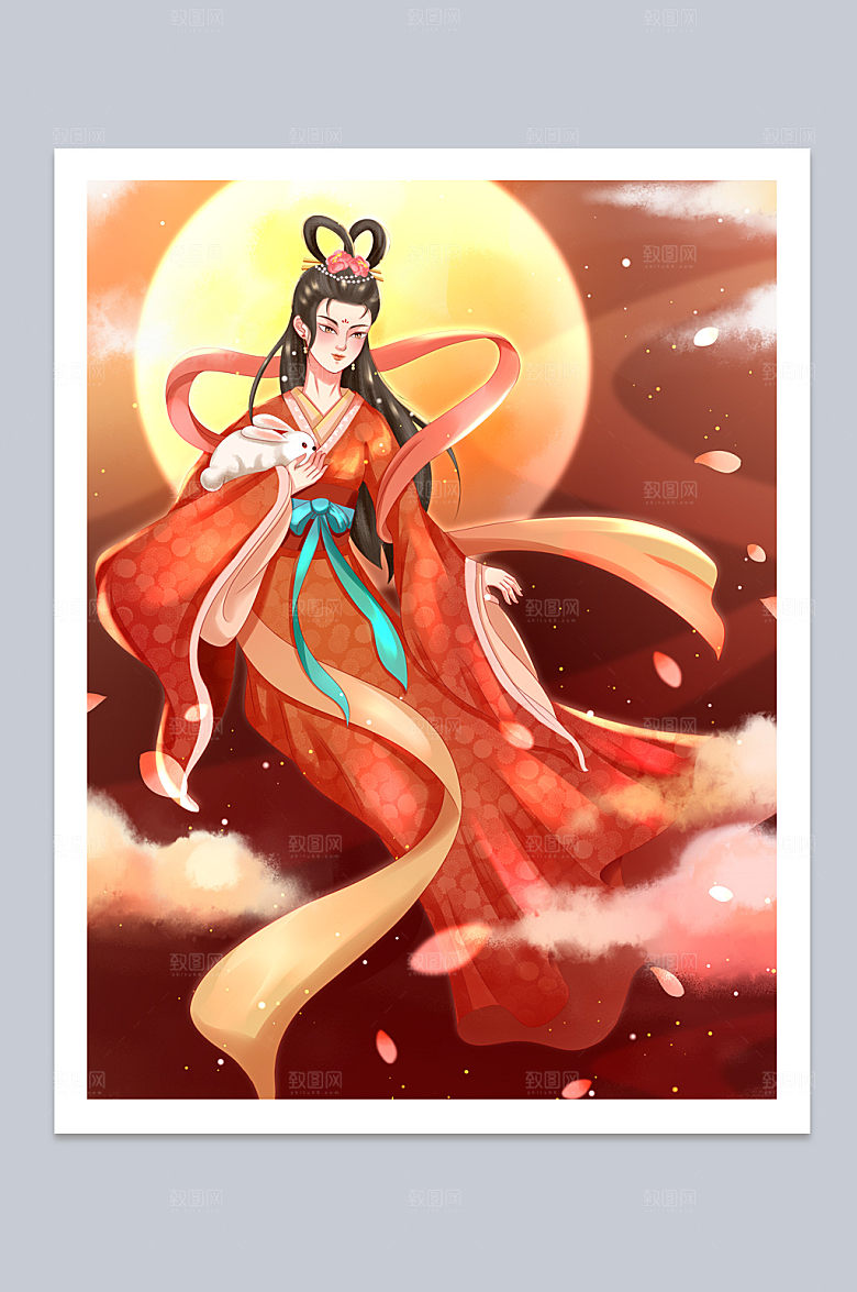 卡通国潮中秋节嫦娥携玉兔奔月古风插画