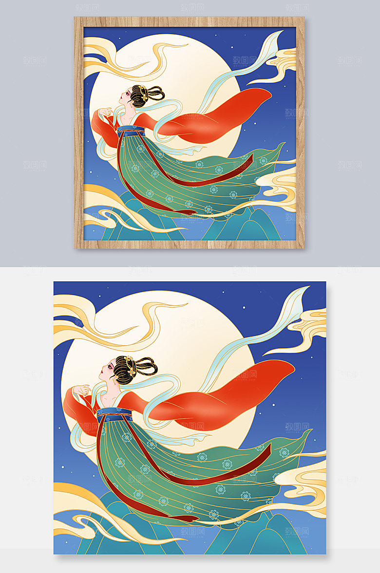卡通国潮风中秋节嫦娥奔月插画