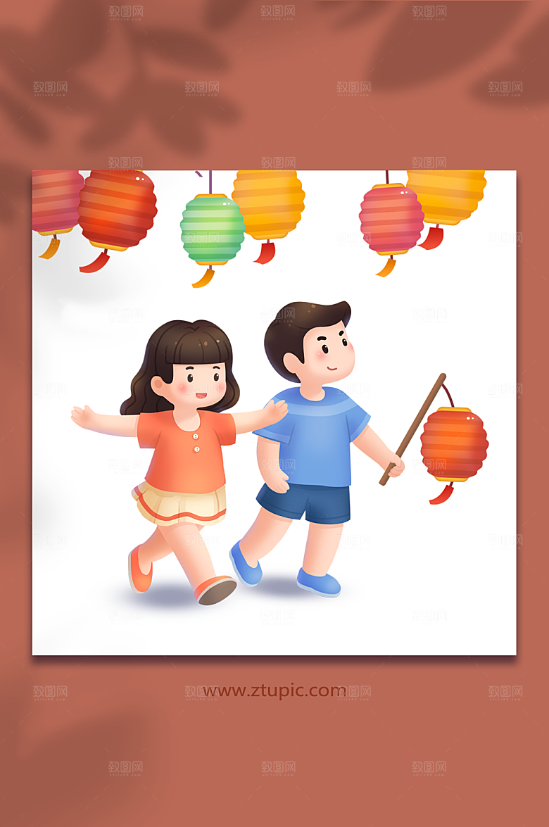 中秋节卡通扁平原创插画逛花灯