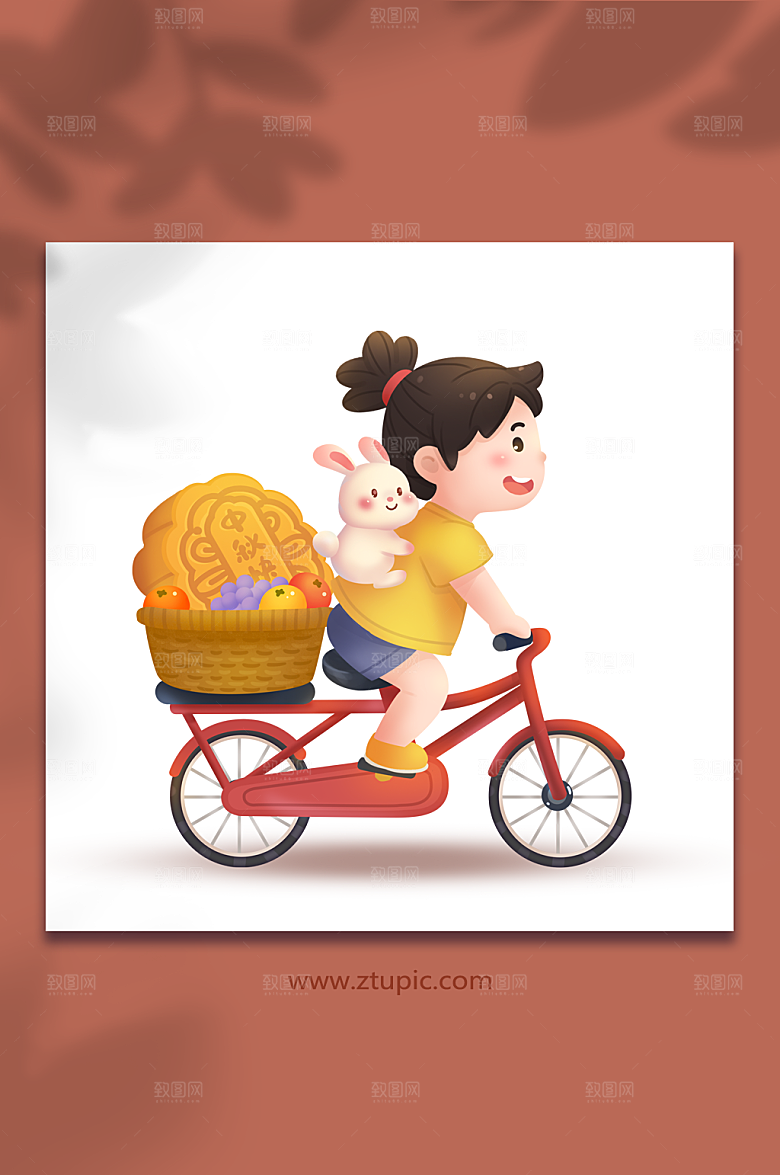 中秋节卡通扁平原创插画送月饼骑车