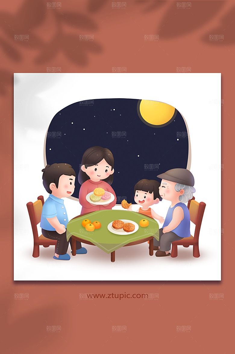 中秋节卡通扁平原创插画家庭聚餐