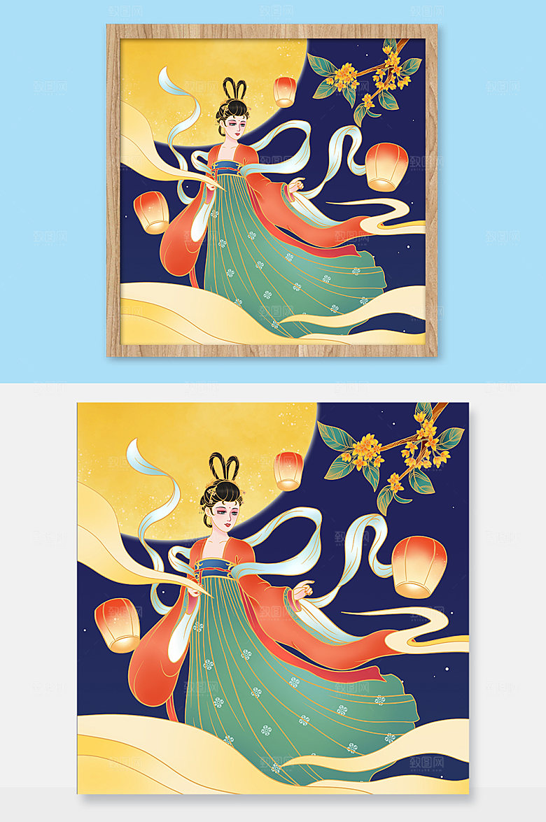 国潮插画中秋嫦娥孔明灯