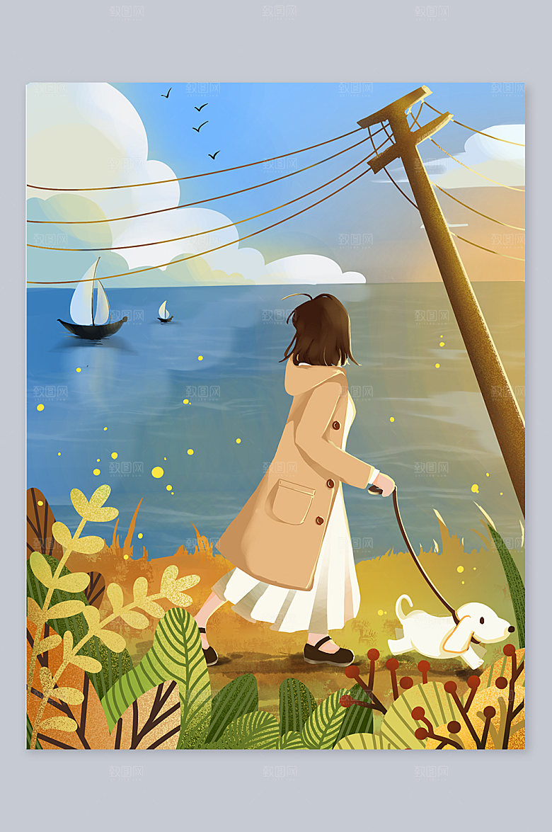 秋天插画秋季海边插画落日插画