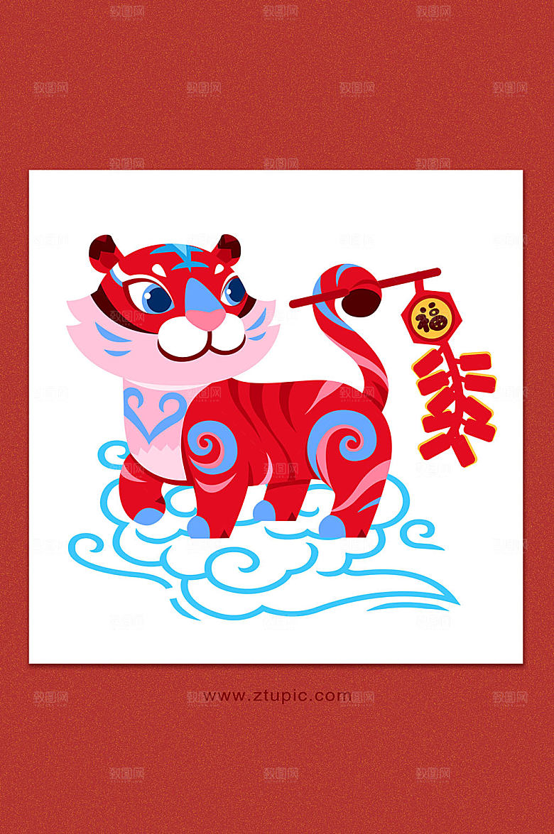 虎年新春节红色插画戏闹新春