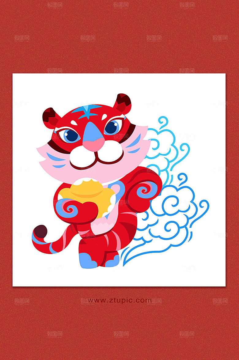 虎年新春节红色插画虎虎生威元宝