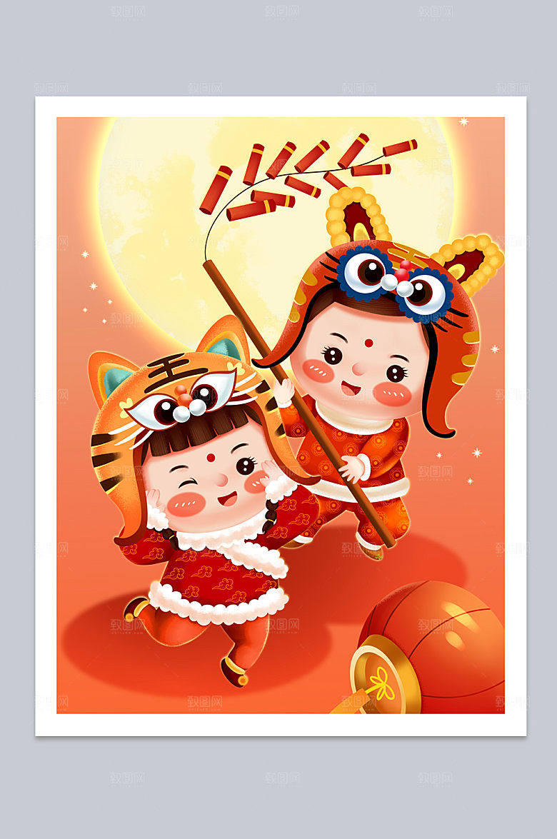 春节新春虎头帽福娃放鞭炮插画