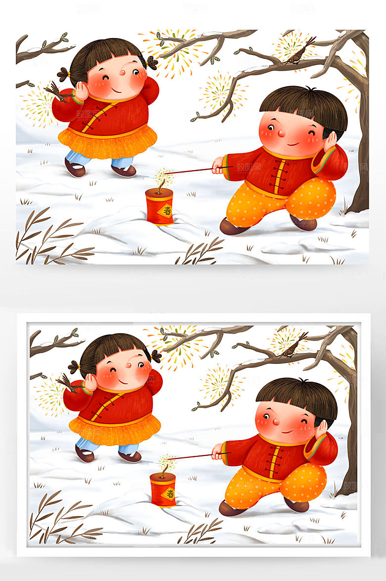 新春点鞭炮春节小清新虎年插画