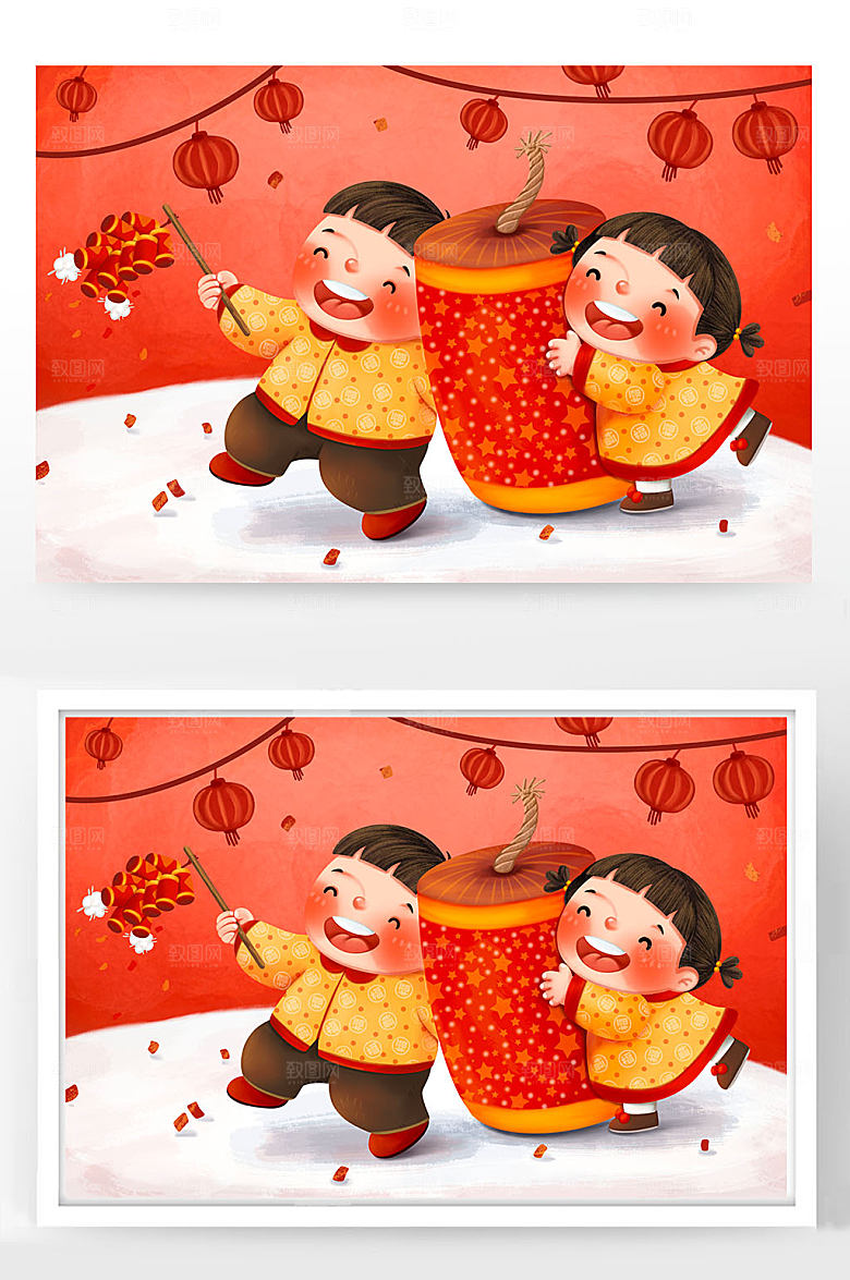 红色抱烟花放鞭炮春节小清新插画